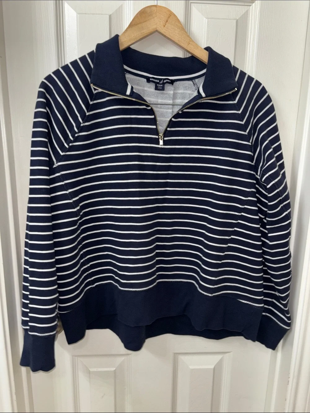 Nautica Navy & White Striped Quarter-Zip Pullover Sweatshirt